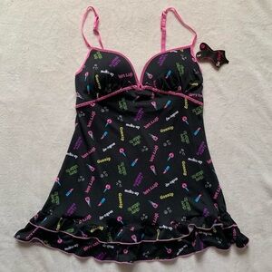 NWT So Sexy Y2K Babydoll Black Colourful Print Lingerie Mini Slip Dress Sz M/34C